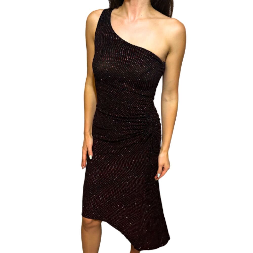 Jodi Kristopher Black Red Glitter One Shoulder Midi Party Dress S